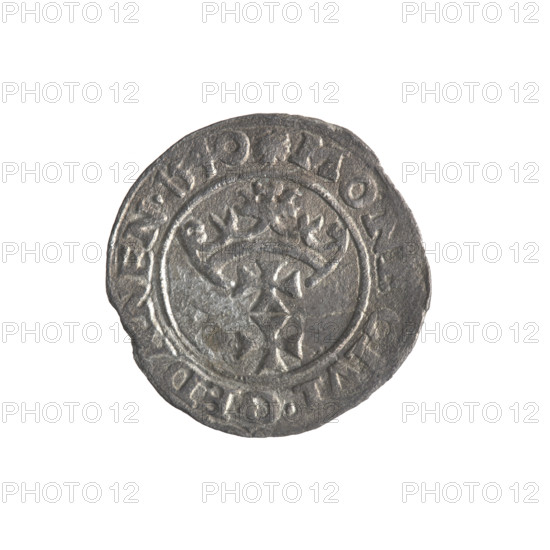 Gdansk szelag, Sigismund I the Old (King of Poland; 1506–1548); 1540. Obverse: Eagle of Royal Prussia with rim inscription GIS.DEI.GRA.REX.POLON. Reverse: Coat of arms of Gdansk with rim inscription MONE.CIVI.GEDANEN.1540. Features emblems and coats of arms of cities, Jagiellon dynasty eagles. Polish coin; Gdansk, Poland.