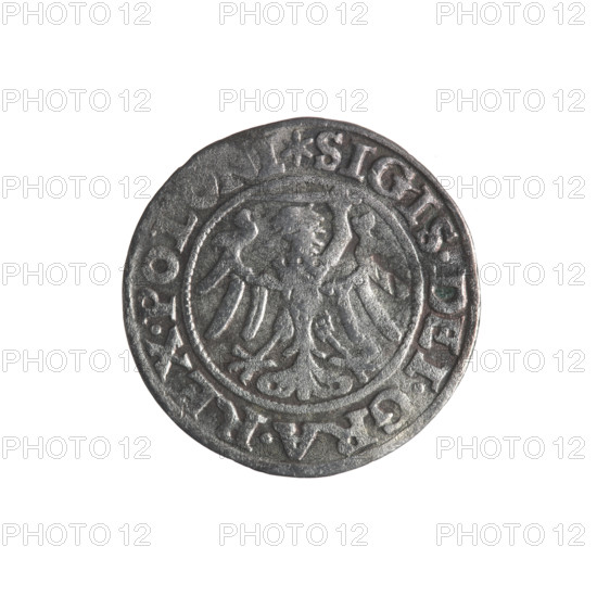 Gdansk szelag, Sigismund I the Old (King of Poland; 1506–1548). Obverse: Eagle of Royal Prussia; in the rim between pearls an inscription: .SIGIS.DEI.GRA.REX.POLONI. Reverse: Coat of arms of Gdansk; in the rim between pearls an inscription: .MONE.CIVI.G, DANEN.1546. Emblems and coats of arms of cities; Jagiellon dynasty; eagles. Poland, Gdansk, 1546; Polish coin.