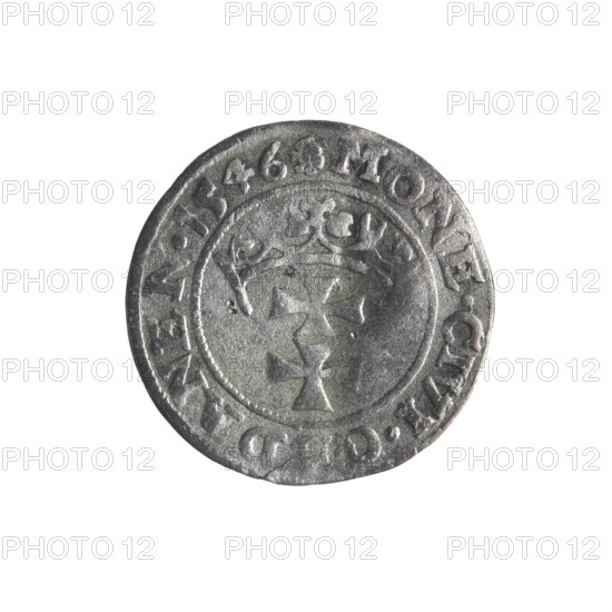 Gdansk szelag, Sigismund I the Old (King of Poland; 1506–1548). Obverse: Eagle of Royal Prussia, in the rim between pearls an inscription: .SIGIS.DEI.GRA.REX.POLONI. Reverse: Coat of arms of Gdansk, in the rim between pearls an inscription: .MONE.CIVI.G, DANEN.1546. 1546. Copper coin, Poland.