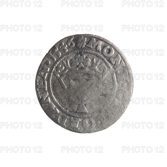 Gdansk szelag, Sigismund I the Old (King of Poland; 1506–1548). Obverse: Eagle of Royal Prussia, in the rim between pearls an inscription: IGIS.DEI.GRA.REX.POL. Reverse: Coat of arms of Gdansk, in the rim between pearls an inscription: .MON. .GEDANEN.1546. 1546. Features emblems and coats of arms of cities, Jagiellon dynasty motifs, eagles. Coin from Gdansk, Poland.