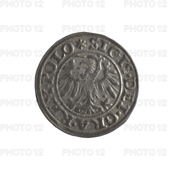Gdansk szelag, Sigismund I the Old (King of Poland; 1506–1548). Obverse: Eagle of Royal Prussia; in the rim between pearls an inscription: .SIGIS.DEI.GRA.REX.POLO. Reverse: Coat of arms of Gdansk; in the rim between pearls an inscription: .MONE.CIVI.GEDANEN.1546. 1546. Copper coin; emblems, coats of arms of cities, Jagiellon dynasty, eagles; Poland, Gdansk.