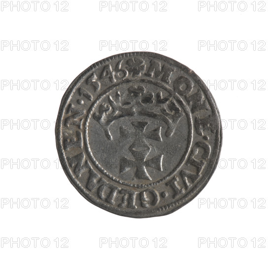 Gdansk szelag, Sigismund I the Old (King of Poland; 1506–1548). Obverse: Eagle of Royal Prussia, in the rim between pearls an inscription: .SIGIS.DEI.GRA.REX.POLO. Reverse: Coat of arms of Gdansk, in the rim between pearls an inscription: .MONE.CIVI.GEDANEN.1546. Emblems/coats of arms of cities; Jagiellon dynasty; eagles. 1546. Polish coin, Gdansk (Poland).