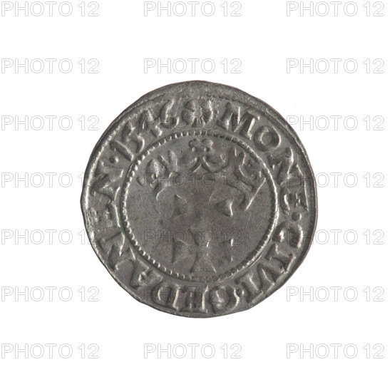 Gdansk szelag; Sigismund I the Old (King of Poland; 1506–1548). Obverse: Eagle of Royal Prussia; in the rim between pearls an inscription: .SIGIS.DEI.GRA.REX.POLON. Reverse: Coat of arms of Gdansk; in the rim between pearls an inscription: .MONE.CIVI.GEDANEN.1546. 1546. Polish coin; emblems and coats of arms of cities; Jagiellon dynasty; eagles. WQXBCFS