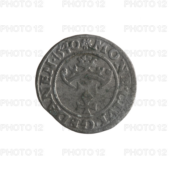 Gdansk szelag, Sigismund I the Old (King of Poland; 1506–1548); obverse: Eagle of Royal Prussia, in rim between pearls inscription '.SIG.DEI.GRA.REX.POLON'; reverse: Coat of arms of Gdansk, in rim between pearls inscription '.MON.VI.GEDANEN.1540'; 1540; silver coin; emblems and coats of arms of cities; Jagiellons dynasty; eagles; Polish coin; Gdansk, Poland.