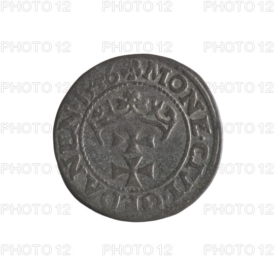 Gdansk szelag, Sigismund I the Old (King of Poland; 1506–1548). Obverse: Eagle of Royal Prussia; in the rim between pearls an inscription: .SIGIS.DEI.GRA.REX.POLON. Reverse: Coat of arms of Gdansk; in the rim between pearls an inscription: .MONE.CIVI.GEDANEN.1546. 1546. Polish coin; emblems and coats of arms of cities; Jagiellon dynasty; eagles.
