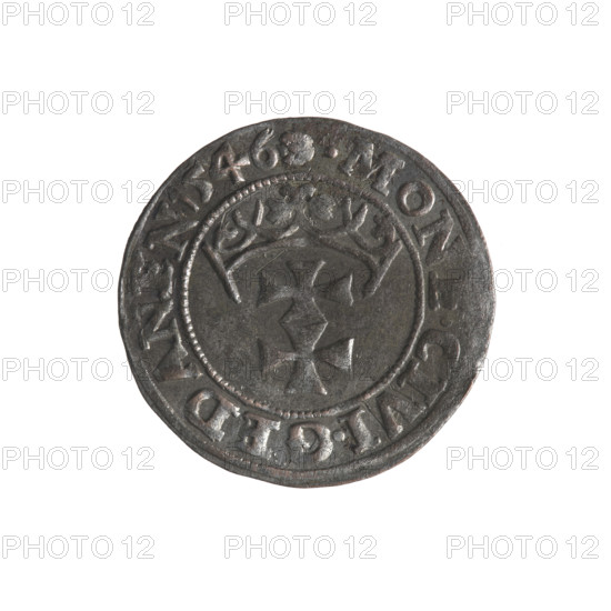 Gdansk szelag, Sigismund I the Old (King of Poland; 1506–1548). Obverse: Eagle of Royal Prussia; in the rim between pearls an inscription: .SIGIS.DEI.GRA.REX.POLONI. Reverse: Coat of arms of Gdansk; in the rim between pearls an inscription: .MONE.CIVI.GEDANEN.1546. Emblems and coats of arms of cities, Jagiellon dynasty, eagles. 1546. Polish coin, Gdansk (Poland).