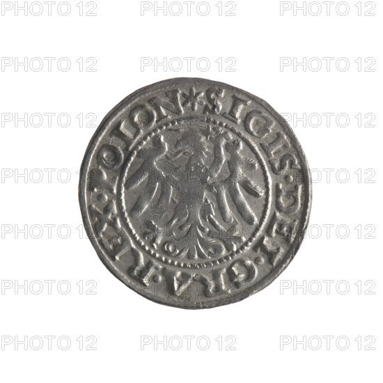 Gdansk szelag, Sigismund I the Old (King of Poland; 1506–1548); obverse: Eagle of Royal Prussia, in the rim between pearls an inscription: .SIGIS.DEI.GRA.REX.POLON; reverse: Coat of arms of Gdansk, in the rim between pearls an inscription: .MONE.CIVI.GEDANEN.1546; 1546; Polish coin; emblems and coats of arms of cities; Jagiellon dynasty; eagles.