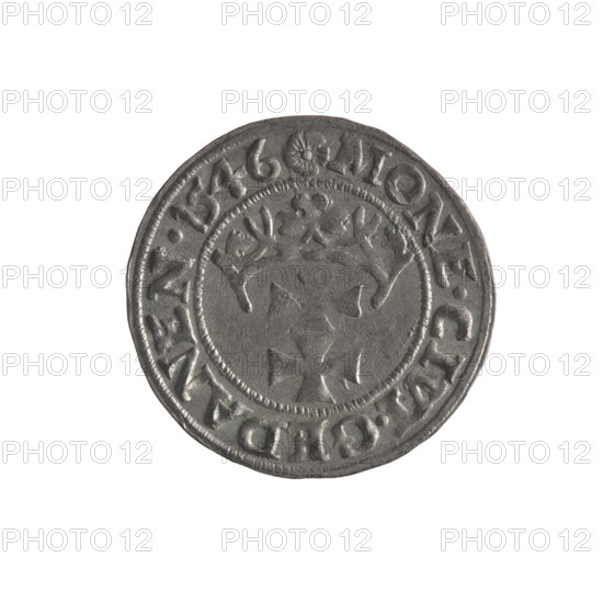 Gdansk szelag, Sigismund I the Old (King of Poland; 1506–1548). Obverse: Eagle of Royal Prussia; in the rim between pearls an inscription: .SIGIS.DEI.GRA.REX.POLON. Reverse: Coat of arms of Gdansk; in the rim between pearls an inscription: .MONE.CIVI.GEDANEN.1546. 1546. Silver coin; emblems and coats of arms of cities; Jagiellon dynasty; eagles. Poland, Gdansk.
