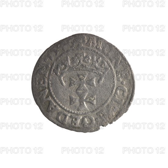 Gdansk szelag, Sigismund I the Old (King of Poland; reign 1506–1548). Obverse: Eagle of Royal Prussia, in the rim between pearls an inscription: IGI EI.GRA.REX.POLO. Reverse: Coat of arms of Gdansk, in the rim between pearls an inscription: .MONE.CI .GEDANEN.1546. 1546. Features emblems and coats of arms of cities, Jagiellon dynasty symbols, eagles. Polish coin; Gdansk, Poland.