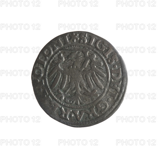 Gdansk szelag, Sigismund I the Old (King of Poland; 1506–1548). Obverse: Eagle of Royal Prussia, in the rim between pearls an inscription: .SIGIS.DEI.GRA.REX.POLONI. Reverse: Coat of arms of Gdansk, in the rim between pearls an inscription: .MONE.CIVI.GEDANEN.1546. 1546. Bronze coin, Polish, Gdansk; emblems and coats of arms of cities; Jagiellon dynasty; eagles.