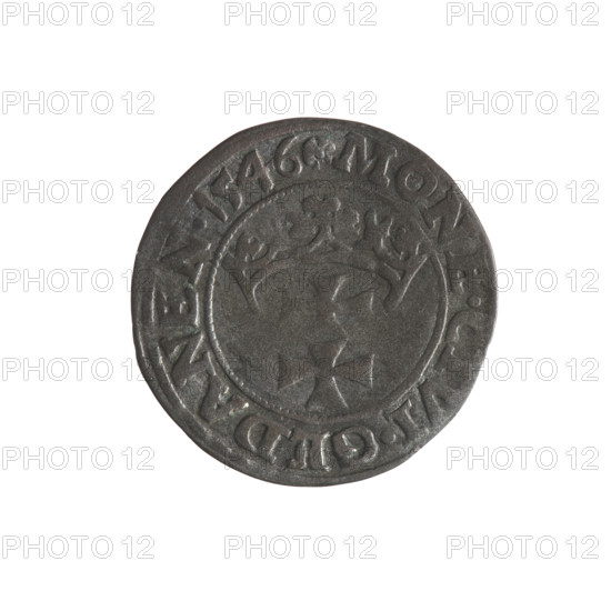Gdansk szelag, Sigismund I the Old (King of Poland; 1506–1548). Obverse: Eagle of Royal Prussia, in the rim between pearls an inscription: .SIGIS.DEI.GRA.REX.POLONI. Reverse: Coat of arms of Gdansk, in the rim between pearls an inscription: .MONE.CIVI.GEDANEN.1546. Emblems and coats of arms of cities; Jagiellon dynasty; eagles. 1546, Poland (Gdansk), coin.