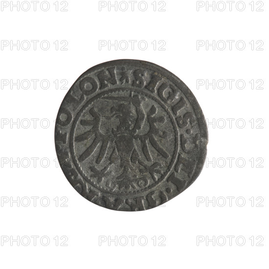 Gdansk szelag, Sigismund I the Old (King of Poland; 1506–1548). Obverse: Eagle of Royal Prussia; in the rim between pearls an inscription: .SIGIS.DEI.GRA., .POLON. Reverse: Coat of arms of Gdansk; in the rim between pearls an inscription: .MONE.CIVI.GEDANEN.1546. 1546. Features emblems and coats of arms of cities, Jagiellon dynasty, eagles. Polish coin, minted in Gdansk, Poland.