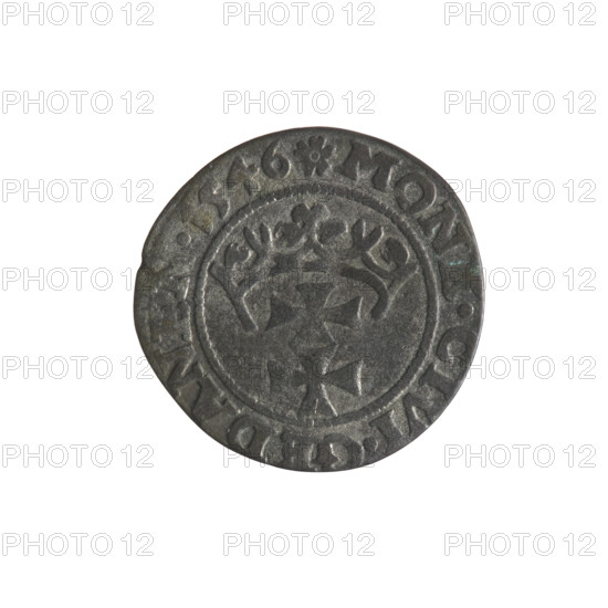 Gdansk szelag, Sigismund I the Old (King of Poland; 1506–1548); obverse: Eagle of Royal Prussia, in the rim between pearls an inscription: .SIGIS.DEI.GRA., .POLON; reverse: Coat of arms of Gdansk, in the rim between pearls an inscription: .MONE.CIVI.GEDANEN.1546; 1546; materials: coin; motifs: Gdansk coat of arms, emblems, coats of arms of cities, Jagiellon dynasty, eagles; Poland, Gdansk.