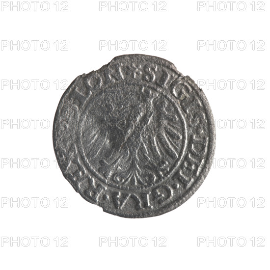 Gdansk szelag, Sigismund I the Old (King of Poland; 1506–1548); obverse: Eagle of Royal Prussia, rim inscription .SIGIS.DEI.GRA.REX.POLON; reverse: Coat of arms of Gdansk, rim inscription .MONE.CIVI.GEDANEN.1546; 1546; materials: coin; motifs: emblems, coats of arms of cities, Jagiellon dynasty, eagles; Poland, Gdansk.