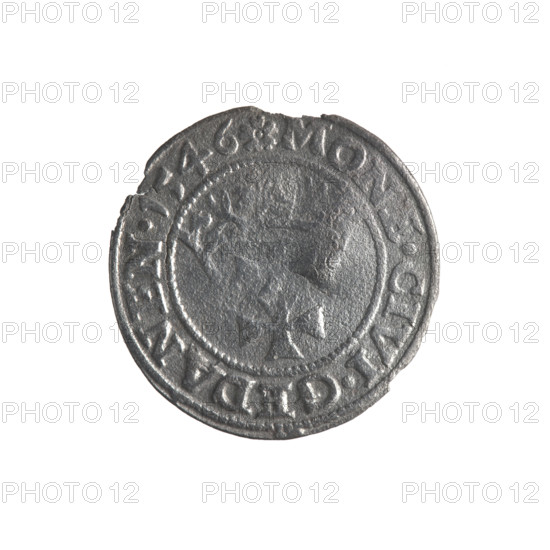 Gdansk szelag, Sigismund I the Old (King of Poland; 1506–1548). Obverse: Eagle of Royal Prussia; in the rim between pearls an inscription: .SIGIS.DEI.GRA.REX.POLON. Reverse: Coat of arms of Gdansk; in the rim between pearls an inscription: .MONE.CIVI.GEDANEN.1546. 1546. Silver coin; emblems and coats of arms of cities; Jagiellon dynasty; eagles. Poland, Gdansk.