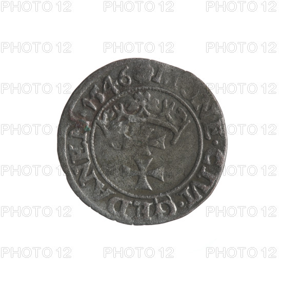 Gdansk szelag, Sigismund I the Old (King of Poland; 1506–1548). Obverse: Eagle of Royal Prussia; in the rim between pearls an inscription: .SIGIS.DEI.GRA.REX.POLON. Reverse: Coat of arms of Gdansk; in the rim between pearls an inscription: NE.CIVI.GEDANEN.1546. 1546. Emblems and coats of arms of cities; Jagiellon dynasty; eagles. Polish coin.