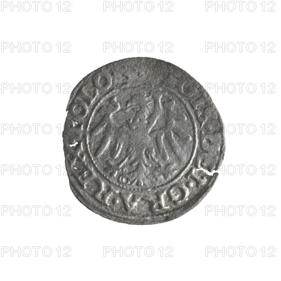 Gdansk szelag, Sigismund I the Old (King of Poland; 1506–1548); Obverse: Eagle of Royal Prussia with inscription in rim between pearls: GIS.DEI.GRA.REX.POLO; Reverse: Coat of arms of Gdansk with inscription in rim between pearls: MON.IVI.GEDANEN.1546; 1546; features emblems and coats of arms of cities, Jagiellon dynasty eagles; Polish coin; Gdansk.