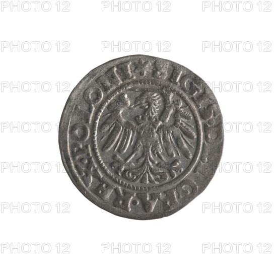Gdansk szelag, Sigismund I the Old (King of Poland; 1506–1548). Obverse: Eagle of Royal Prussia, in the rim between pearls an inscription: .SIGIS.DEI.GRA.REX.POLONI. Reverse: Coat of arms of Gdansk, in the rim between pearls an inscription: .MONE.CIVI.GEDANEN.1546. 1546. Polish coin; emblems and coats of arms of cities; Jagiellon dynasty; eagles; Eagle (coat of arms); Poland, Gdansk.