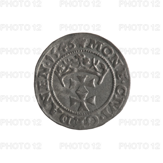 Gdansk szelag, Sigismund I the Old (King of Poland; 1506–1548). Obverse: Eagle of Royal Prussia, in the rim between pearls an inscription: .SIGIS.DEI.GRA.REX.POLONI. Reverse: Coat of arms of Gdansk, in the rim between pearls an inscription: .MONE.CIVI.GEDANEN.1546. Emblems, coats of arms of cities; Jagiellon dynasty; eagles. 1546. Poland, Gdansk; Polish coin.