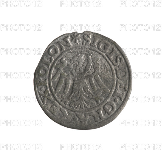 Gdansk szelag, Sigismund I the Old (King of Poland; 1506–1548). Obverse: Eagle of Royal Prussia; in the rim between pearls an inscription: .SIGIS.DEI.GRA.REX.POLON. Reverse: Coat of arms of Gdansk; in the rim between pearls an inscription: .MONE.CIVI.GEDANEN.1546. 1546. Copper coin, features emblems and coats of arms of cities, Jagiellon dynasty symbols, eagles. Poland, Gdansk.