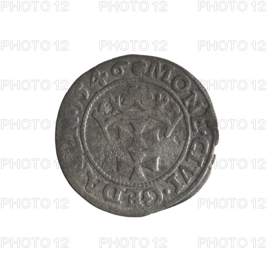 Gdansk szelag, Sigismund I the Old (King of Poland; 1506–1548). Obverse: Eagle of Royal Prussia; in the rim between pearls an inscription: .SIGIS.DEI.GRA.REX.POLON. Reverse: Coat of arms of Gdansk; in the rim between pearls an inscription: .MONE.CIVI.GEDANEN.1546. Emblems and coats of arms of cities, Jagiellon dynasty, eagles. Polish coin, 1546, Gdansk, Poland.