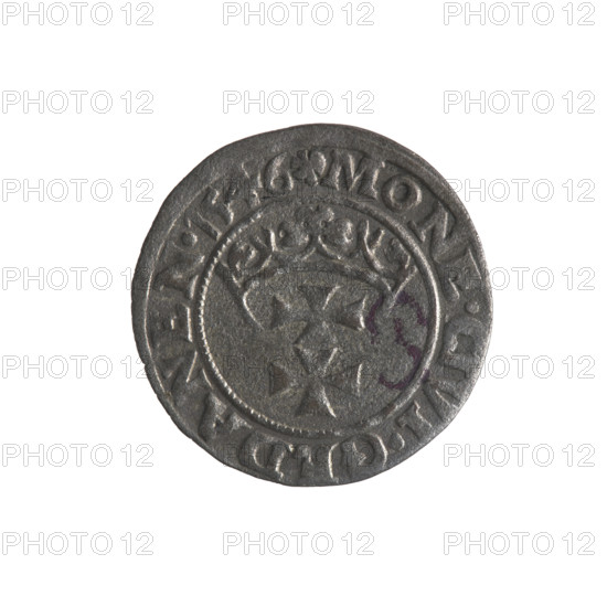 Gdansk szelag, Sigismund I the Old (King of Poland; 1506–1548). Gdansk (coat of arms), emblems, coats of arms of cities, Jagiellonians (dynasty), eagles, Eagle (coat of arms), Polish coin. Obv.: Eagle of Royal Prussia, in the rim between pearly borders an inscription: .SIGIS.DEI.GRA., EX.POLON. Rev.: Coat of arms of Gdansk, in the rim between pearly borders an inscription: .MONE.CIVI.GEDANEN.1546. Date: 1546. Location: Poland, Gdansk.