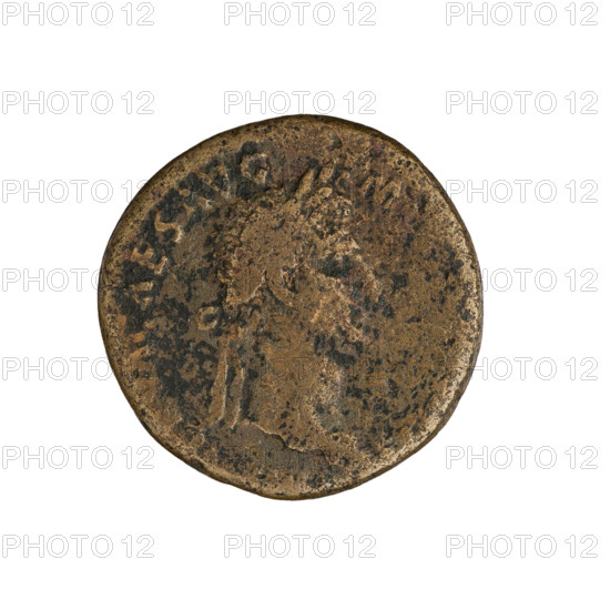 Nerva (30–98; Roman emperor 96–98) — Coin, Rome, 97 CE. Obverse inscription RVA CAES AVG. Fortuna standing facing left, holding a rudder in her right hand and a horn of plenty in her left; laurel wreaths, horns of plenty, rudders iconography; legend M, on both sides SC. Weight 12.91 g, axis 180°.
