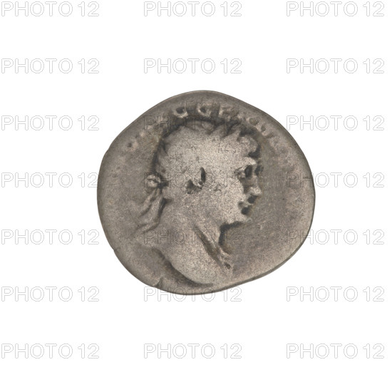 Denarius, Trajan (53–117; Roman emperor 98–117). Obverse: head of Trajan right, decorated with a laurel wreath; rim inscription: GER. Reverse: Pax standing left in a long robe with draperies, holding a torch in her right hand with which she ignites a pile of armor and shields lying in front of her, and a horn of plenty in her left hand; rim inscription (invisible). Date: 103–111. Place: Rome, Roman Empire (27 BC–476). Material: coin. Weight: 3.27 g.