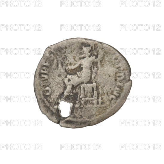 Denarius, Trajan (53–117; Roman emperor 98–117). Obverse: head of Trajan right, decorated with a laurel wreath; rim inscription TRAIANO AVG GER D. Reverse: Roma seated left, dressed in military clothing, wearing a helmet, holding Victoria in her outstretched right hand and a spear vertically in her left; rim inscription COS VP, O PRINC. Coin pierced through with rim cracked at the piercing point. Date: 103–111. Place: Rome, Roman Empire (27 BC–476). Material: coin. Weight: 2.96 g.