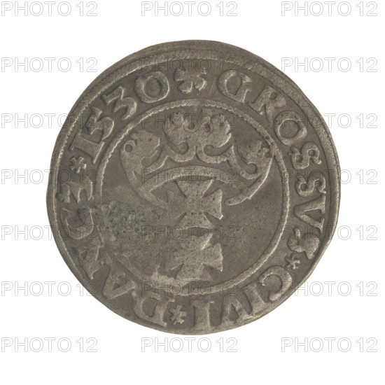 Gdansk grosz, Sigismund I the Old (King of Poland; 1506–1548). Polish coin (1530). Obverse: Crowned male/royal bust in profile turned to the right; rim between pearl-shaped borders with inscription '.SIGIS.I.REX.PO.DO.TOCI.PRV'. Reverse: Coat of arms of Gdansk; rim between pearl-shaped borders with inscription '.GROSSVS.CIVI.DANCZ.1530'. Country: Poland; City: Gdansk.