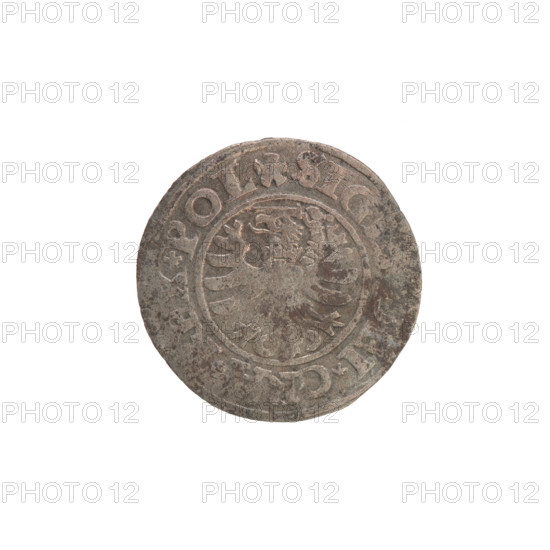 Gdansk szelag, Sigismund I the Old (King of Poland; 1506–1548), Jagiellon dynasty; obverse: Eagle of Royal Prussia, in the rim between pearl-shaped borders the inscription 'SIGI. EI. GRA. X. POL'; reverse: Coat of arms of Gdansk, in the rim between pearl-shaped borders the inscription 'MONE. C. NCZ. 1530' (1530); silver coin, Poland, Gdansk, 1530.