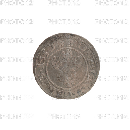 Gdansk szelag, Sigismund I the Old (King of Poland; 1506–1548), Jagiellon dynasty; silver coin, 1530. Obverse: Eagle of Royal Prussia; rim inscription between pearl-shaped borders: SIGI, EI.GRA., X.POL. Reverse: Coat of arms of Gdansk; rim inscription between pearl-shaped borders: MONE.CI, NCZ.1530.