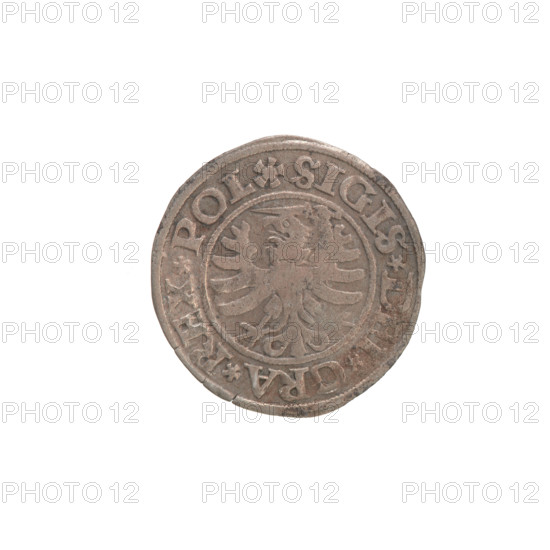 Gdansk szelag, Sigismund I the Old (King of Poland; 1506–1548). Polish coin (1530). Obverse: Eagle of Royal Prussia; in the rim between pearl-shaped borders the inscription: .SIGIS.DEI.GRA.REX.POL. Reverse: Coat of arms of Gdansk; in the rim between pearl-shaped borders the inscription: .MONE.CIVI.DANCZ.1530.