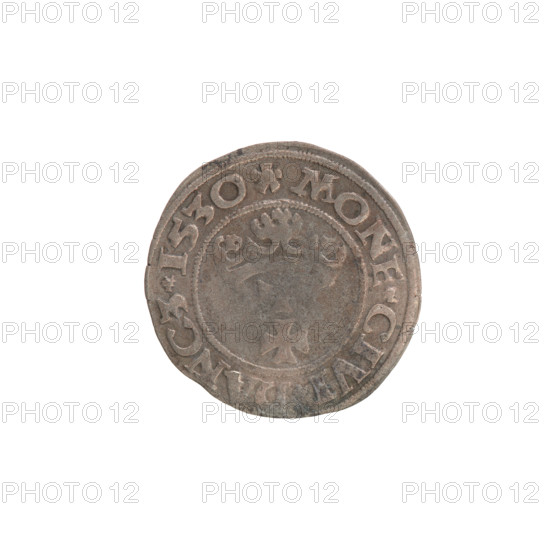 Gdansk szelag, Sigismund I the Old (King of Poland; 1506–1548). Polish coin (1530). Obverse: Eagle of Royal Prussia; in the rim between pearl-shaped borders the inscription: .SIGIS.DEI.GRA.REX.POL. Reverse: Coat of arms of Gdansk; in the rim between pearl-shaped borders the inscription: .MONE.CIVI.DANCZ.1530.