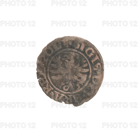Gdansk szelag, Sigismund I the Old (King of Poland; reign 1506–1548). Silver coin (1530). Obverse: Eagle of Royal Prussia; rim between pearl-shaped borders with inscription 'SIGIS.D. RA.REX.' Reverse: Coat of arms of Gdansk; rim between pearl-shaped borders with inscription 'CIVI.DANC.' Poland, Gdansk.