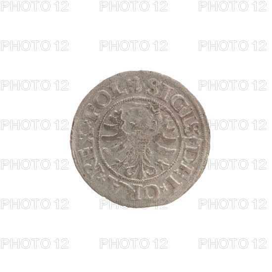 Gdansk szelag, Sigismund I the Old (King of Poland; 1506–1548); Polish coin, Jagiellon dynasty. Obverse: Eagle of Royal Prussia; in the rim between pearl-shaped borders the inscription: .SIGIS.DEI.GRA.REX.POL. Reverse: Coat of arms of Gdansk; in the rim between pearl-shaped borders the inscription: .MONE.CIVI.DANCZ.1530. Dated 1530; Poland, Gdansk.
