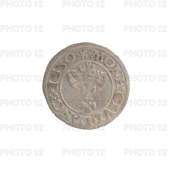 Gdansk szelag, Sigismund I the Old (King of Poland; 1506–1548), Polish coin, Jagiellon dynasty; obverse: Eagle of Royal Prussia, in the rim between pearl-shaped borders the inscription '.SIGIS.DEI.GRA.REX.POL'; reverse: Coat of arms of Gdansk, in the rim between pearl-shaped borders the inscription '.MONE.CIVI.DANCZ.1530'; dated 1530; Poland, Gdansk; features coats of arms and eagle motifs.
