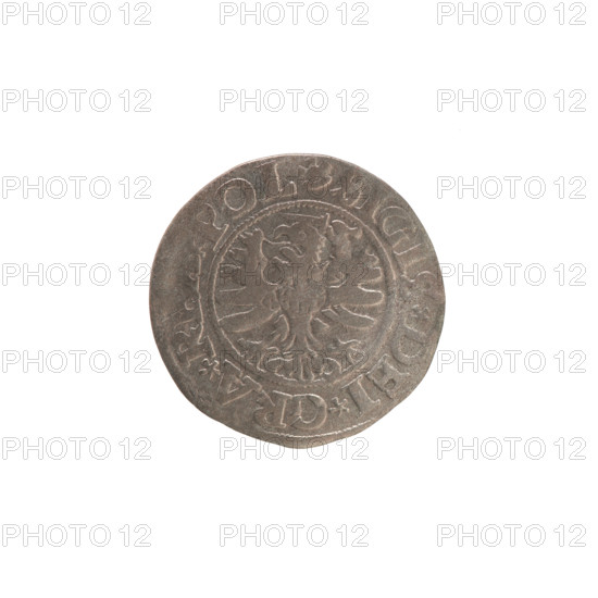 Gdansk szelag, Sigismund I the Old (King of Poland; 1506–1548). Polish coin (1531). Obverse: Eagle of Royal Prussia; in the rim between pearl-shaped borders the inscription '.SIGIS.DEI.GRA.R.POL'. Reverse: Coat of arms of Gdansk; in the rim between pearl-shaped borders the inscription '.MONE.CNCZ.15'.