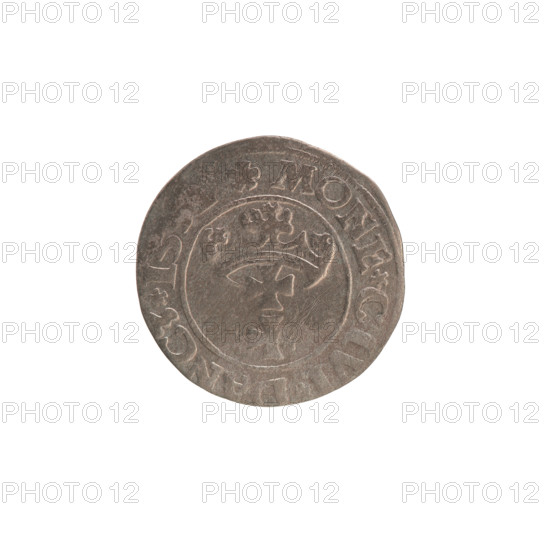 Gdansk szelag, Sigismund I the Old (King of Poland; 1506–1548). Polish coin, Jagiellon dynasty. Obverse: Eagle of Royal Prussia; in the rim between pearl-shaped borders the inscription 'SIGIS.DEI.GRA.R.POL'. Reverse: Coat of arms of Gdansk; in the rim between pearl-shaped borders the inscription 'MONE.C'. Dated 1531. Poland, Gdansk.