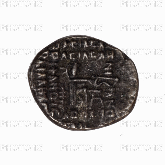 Drachma of Gotarzes II (King of the Parthians; 40–51). Obverse: bust of Gotarzes II wearing a diadem, facing left. Reverse: Arsakes I (King of the Parthians; ca. 247–217 BC) seated on a throne facing right, bow in front of him. Parthian Kingdom, Iran. Coin, diameter 18.0 × 21.0 mm, weight 3.32 g.