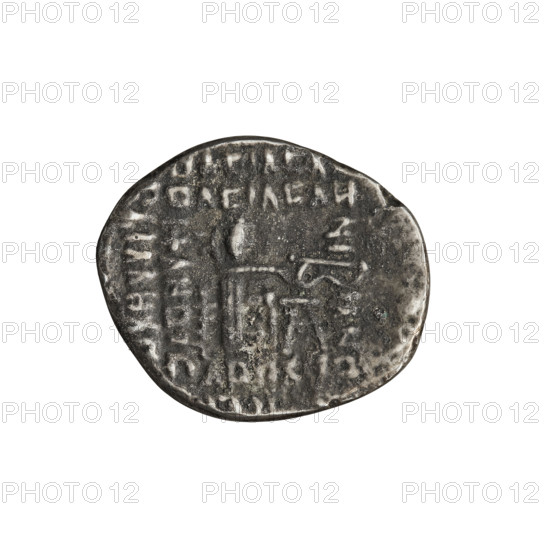 Drachma of Gotarzes II (King of the Parthians; 40–51). Obv.: Bust of Gotarzes II wearing a diadem, facing left. Rev.: Arsakes I (King of the Parthians; ca. 247–217 BC) seated on a throne facing right, bow in front of him. Parthian Kingdom, Iran. Coin, diameter 18.0 × 21.0 mm, weight 3.32 g.