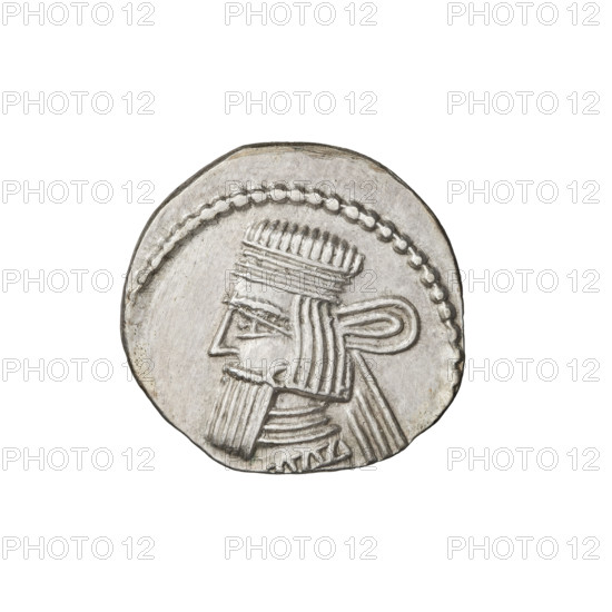 Drachma of Gotarzes II (King of the Parthians; 40–51). Obverse: bust of Gotarzes II wearing a diadem facing left. Reverse: Arsakes seated on the throne facing right, bow in front of him. Iconography references Arsakes I (King of the Parthians; ca. 247–217 BCE). Parthian Kingdom, Iran. Coin; diameter 19.0–20.0 mm, weight 3.84 g.