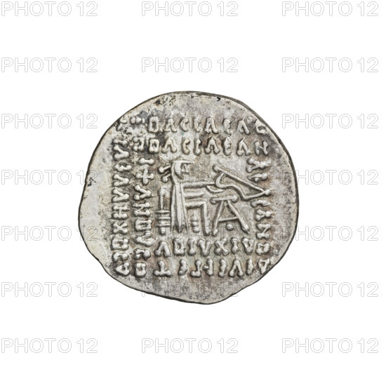 Drachma of Gotarzes II (King of the Parthians; 40–51). Obverse: bust of Gotarzes II wearing a diadem facing left. Reverse: Arsakes seated on the throne facing right, bow in front of him. Iconography references Arsakes I (King of the Parthians; ca. 247–217 BCE) and Gotarzes II (38–51) — Parthian kingdom, Iran. Coin, diameter 19.0–20.0 mm, weight 3.84 g.