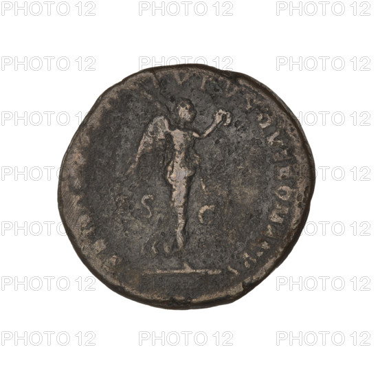 Trajan (53–117; Roman Emperor 98–117). Coin, Rome, 115–116. Weight 10.74 g. Obverse: head of Trajan in a radiant crown; rim inscription illegible. Reverse: Victoria with wings, dressed in a long robe, striding right, holding a laurel wreath in her outstretched right hand and a trophy on her left shoulder; letters S C on either side of her; rim inscription poorly legible.