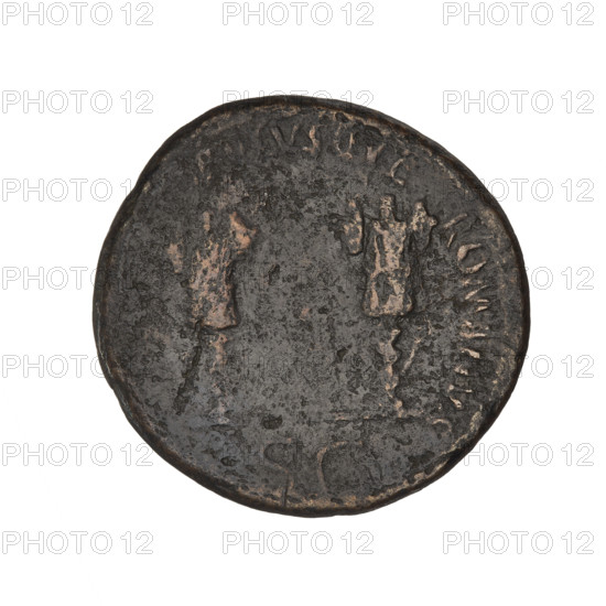 Trajan (53–117; Roman Emperor 98–117). Coin, Rome, 116–117. Obverse: bust of Trajan facing right in a radiant crown; rim inscription illegible. Reverse: Trajan in military attire striding right between two trophies (only two visible), head turned left, right hand extended to a trophy, scepter in left hand; rim inscription illegible; section of letters 'SC'. Weight 22.0 g.