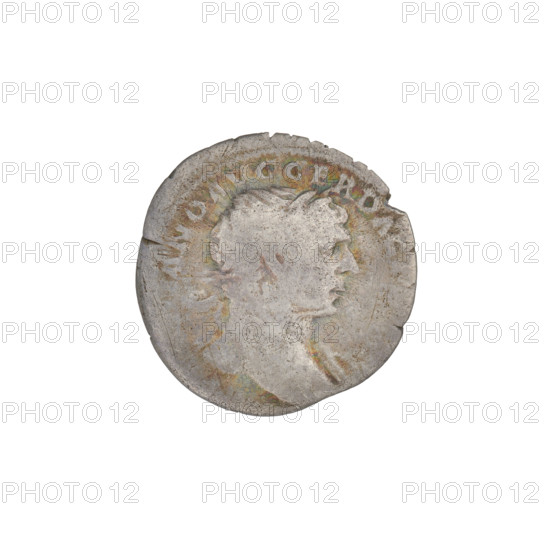 Denarius of Trajan (53–117; Roman emperor 98–117). Obverse: head of Trajan wearing a laurel wreath, facing right; rim inscription IMP TRAIANO AVG GER DAC. Reverse: seated Pax wearing a long robe, turned left, holding olive branches in her right hand and a horn of plenty in her left; rim inscription illegible. Date: 112–117. Roman Empire (27 BC–476), Rome. Coin; weight 2.85 g; diameters 17.8 mm and 18 mm.