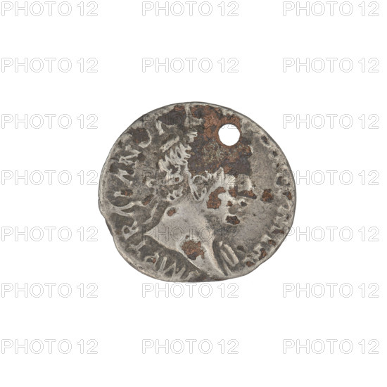 Subaeratus denarius, Trajan (53–117; Roman emperor 98–117). Obverse: Trajan's head facing right, wearing a laurel wreath; rim inscription 'IMP TRAIANO AVG GER DAC'. Reverse: Salus seated facing left, holding a patera in his right hand, left hand resting on a chair; inscription below 'LVS AVG'; rim inscription. Inscription pierced square through. Date: 112–117. Region: East, Roman Empire (27 BC–476). Coin, weight 2.54 g.