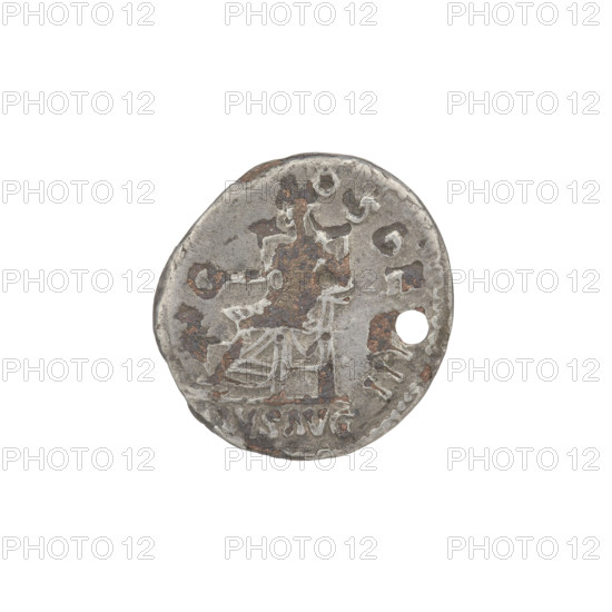 Subaeratus denarius, Trajan (53–117; Roman emperor 98–117). Obverse: Trajan's head facing right, wearing a laurel wreath; rim inscription IMP TRAIANO AVG GER DAC. Reverse: Salus seated facing left, holding a patera in his right hand, left hand resting on a chair; inscription below: LVS AVG; rim inscription OSDE III; pierced square through inscription. Dated 112–117 CE, Roman Empire (East). Coin; weight 2.54 g.