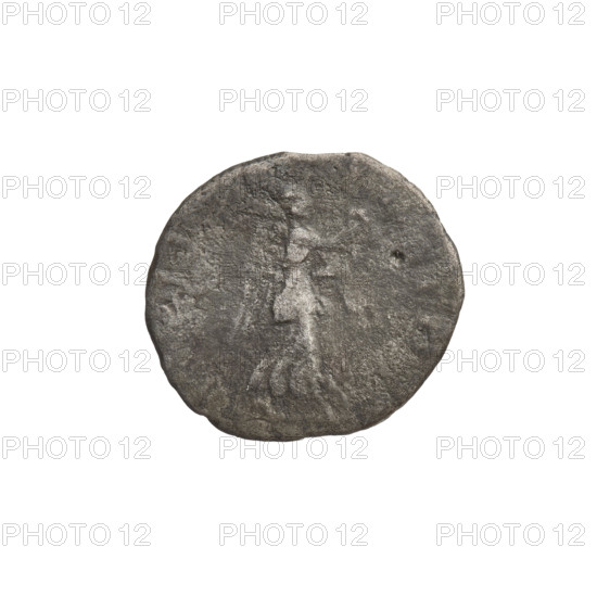 Denarius of Trajan (53–117 CE; Roman emperor 98–117). Obverse: head of Trajan in laurel wreath facing right; rim inscription illegible. Reverse: winged Victoria, dressed in a long robe, striding right, holding a laurel wreath in her right hand and a palm in her left; rim inscription illegible. Roman Empire, 98–117 CE. Coin; weight 2.45 g.