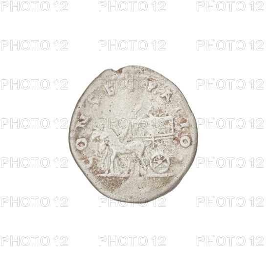 Denarius of Marcianna (Trajan's sister; during Trajan's reign 98–117). Obverse: bust of Marcianna right, hair tied with a necklace, topped with a jewel; rim inscription 'AUGUSTA MARCIANA.' Reverse: carpentum (two-wheeled cart) drawn by two mules left; rim inscription 'CONSECRATIO.' Date: 113. Roman Empire (27 BC–476). Coin, weight 2.69 g.